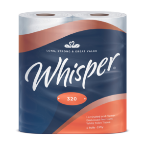 Whisper 320 sheet 2 ply toilet rolls (36)